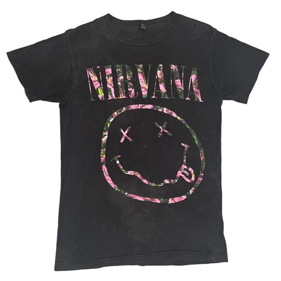 Nirvana Band T-Shirt Women’s Small Black Pink Floral Smiley Face Graphic Tee - Picture 1 of 10